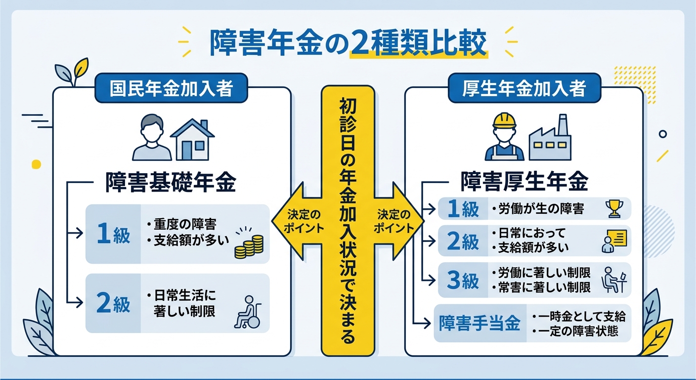 障害年金の2種類（障害基礎年金と障害厚生年金）の比較図