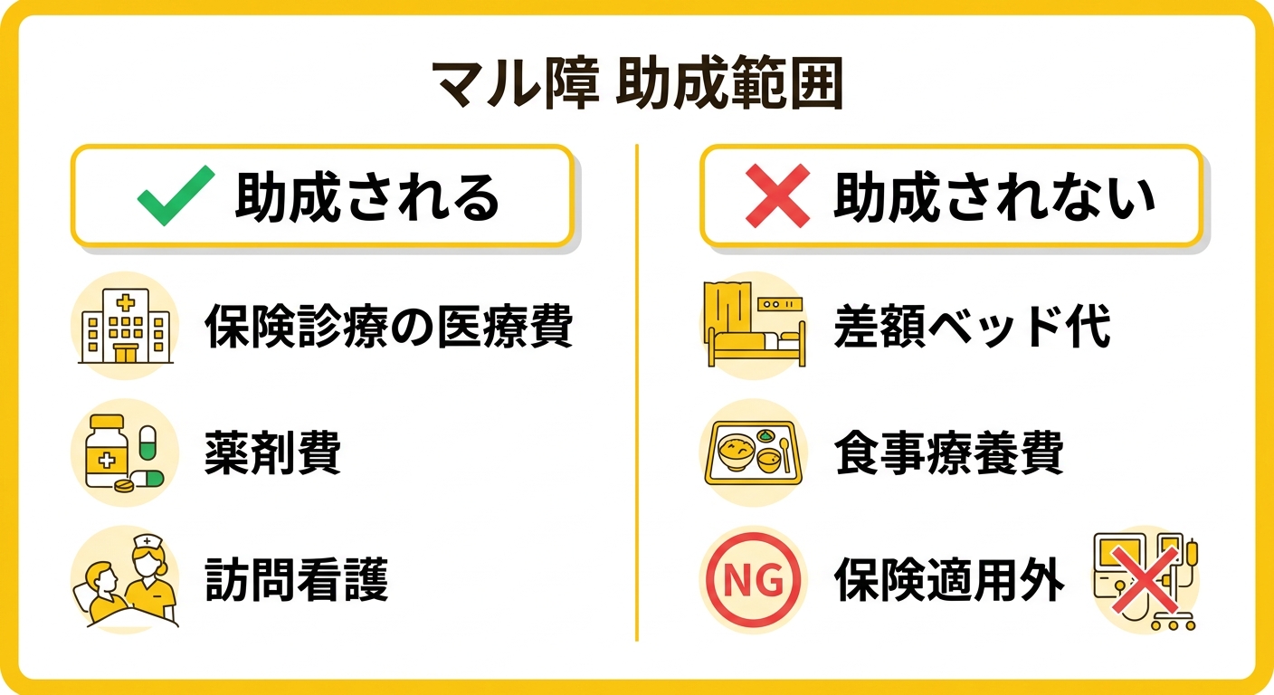マル障の助成範囲を図解したインフォグラフィック。対象(保険診療の自己負担分、薬剤費等)と対象外(差額ベッド代、食事療養費、保険適用外)を二分割で白背景・#FACC15アクセントカラーで整理した図