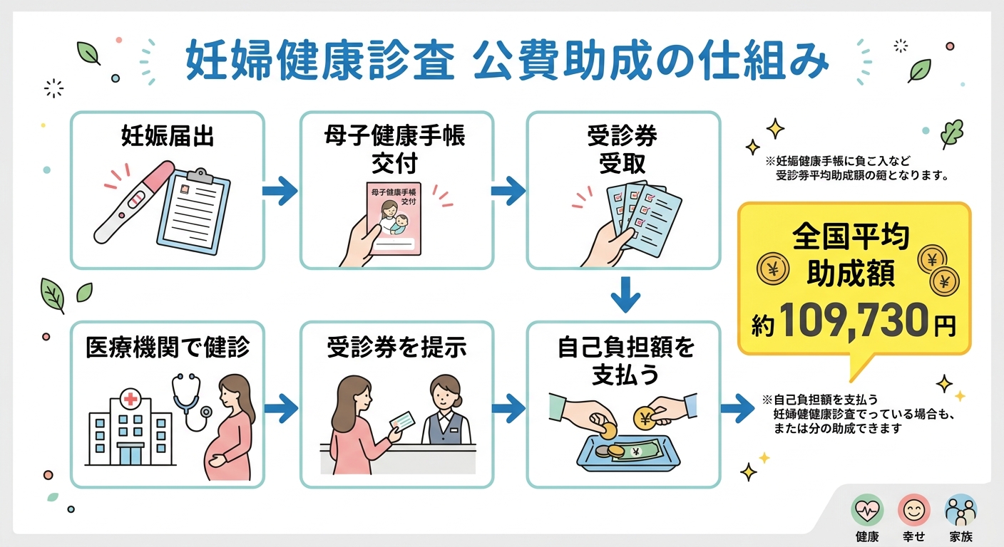 妊婦健康診査 公費助成の仕組みを示すフロー図