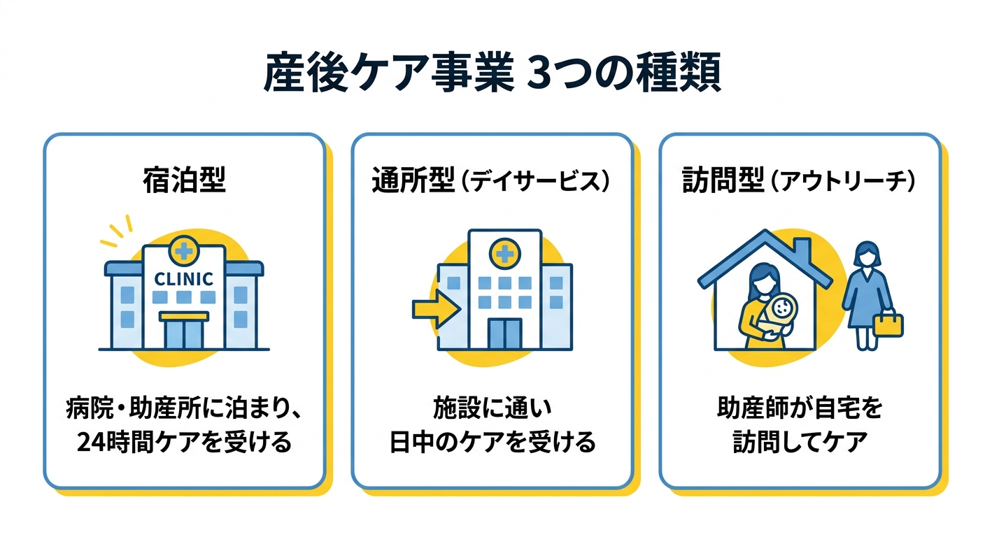 産後ケア事業の3つの種類(宿泊型・通所型・訪問型)の図解