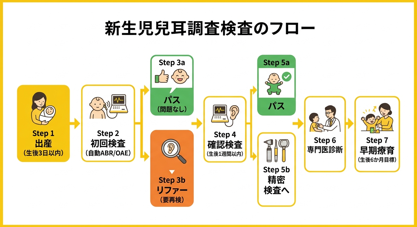 新生児聴覚検査の受検フロー図