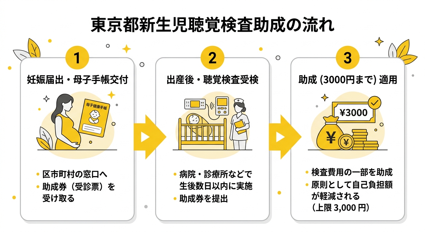 東京都新生児聴覚検査助成制度のフロー(妊娠届出から助成まで)