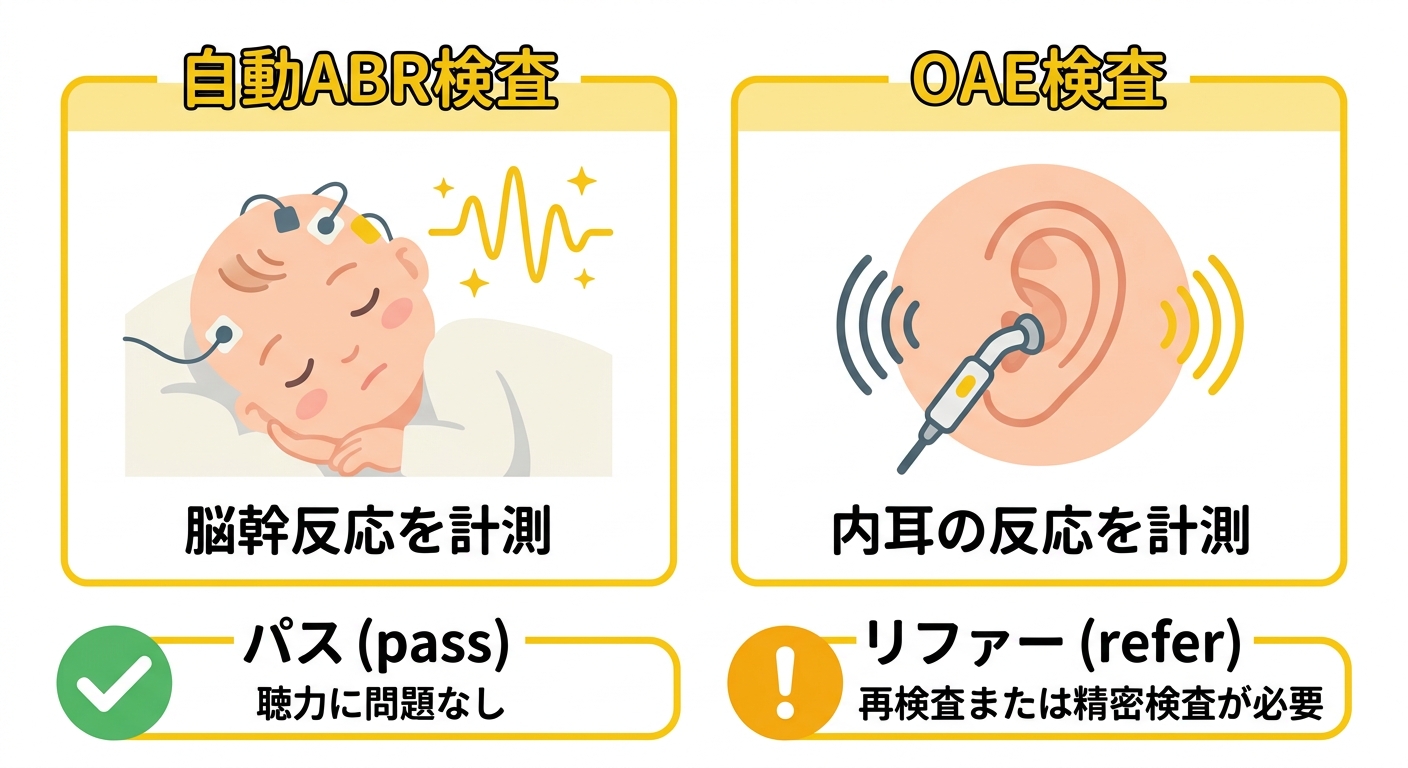 新生児聴覚検査の方法比較(自動ABR検査とOAE検査の特徴)