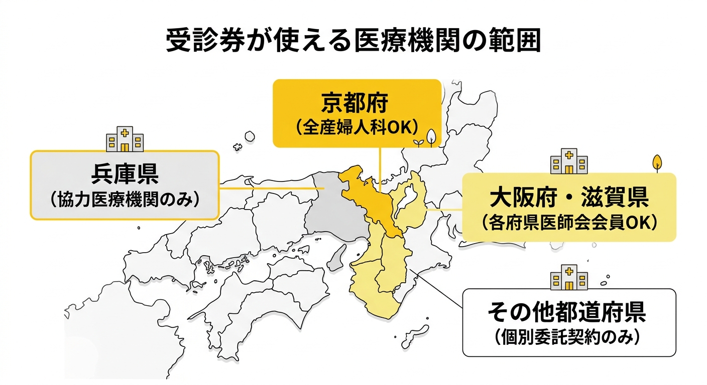 京都市妊婦健診受診券が使える地域を示す地図。京都府・大阪府・滋賀県・兵庫県をハイライトし、それぞれの使用条件を日本語で記載した白背景フラットデザインの図解。アクセントカラー#FACC15使用。