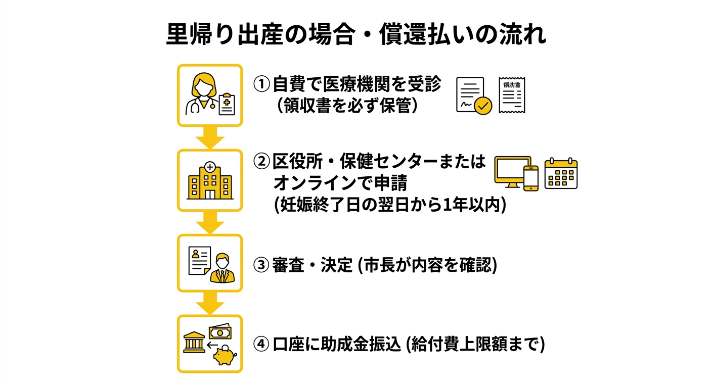 里帰り出産の場合の償還払い申請の流れ