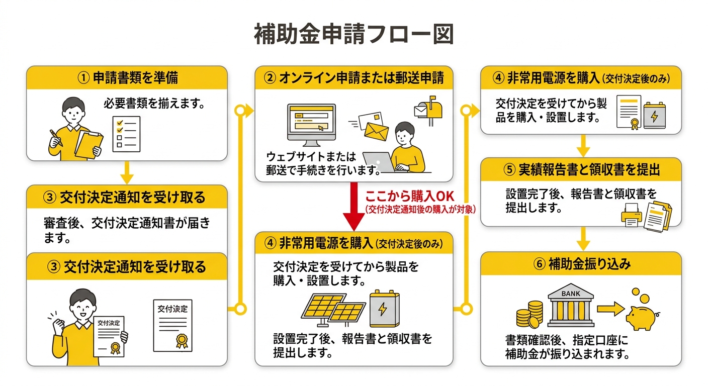 京都市在宅人工呼吸器非常用電源助成 申請フロー図