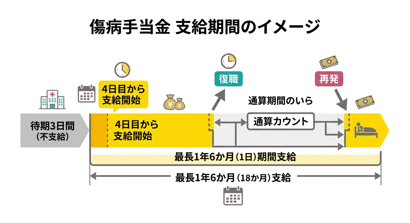 傷病手当金 支給開始から1年6か月の期間イメージ図