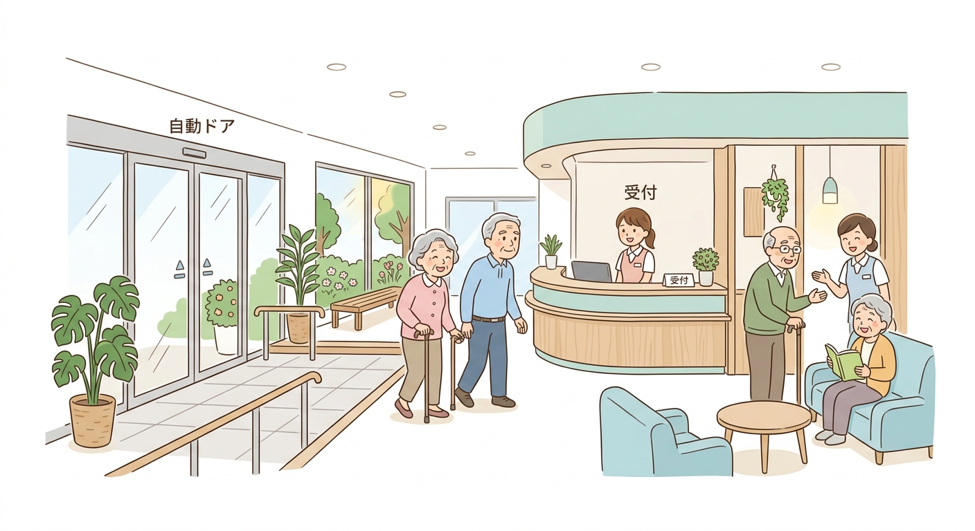 高齢者にやさしい施設の入口や受付のイラスト