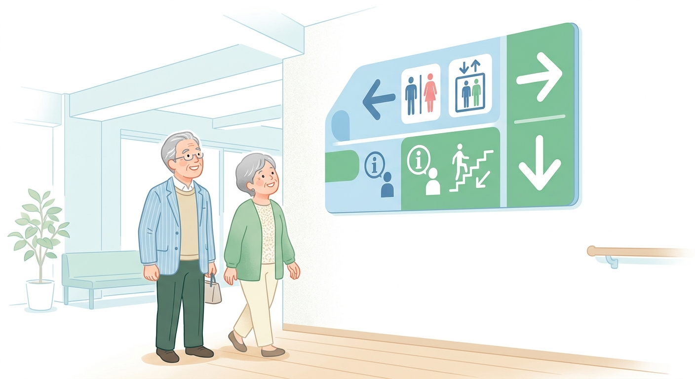 大きく見やすい館内の案内表示を見上げる高齢者のイラスト