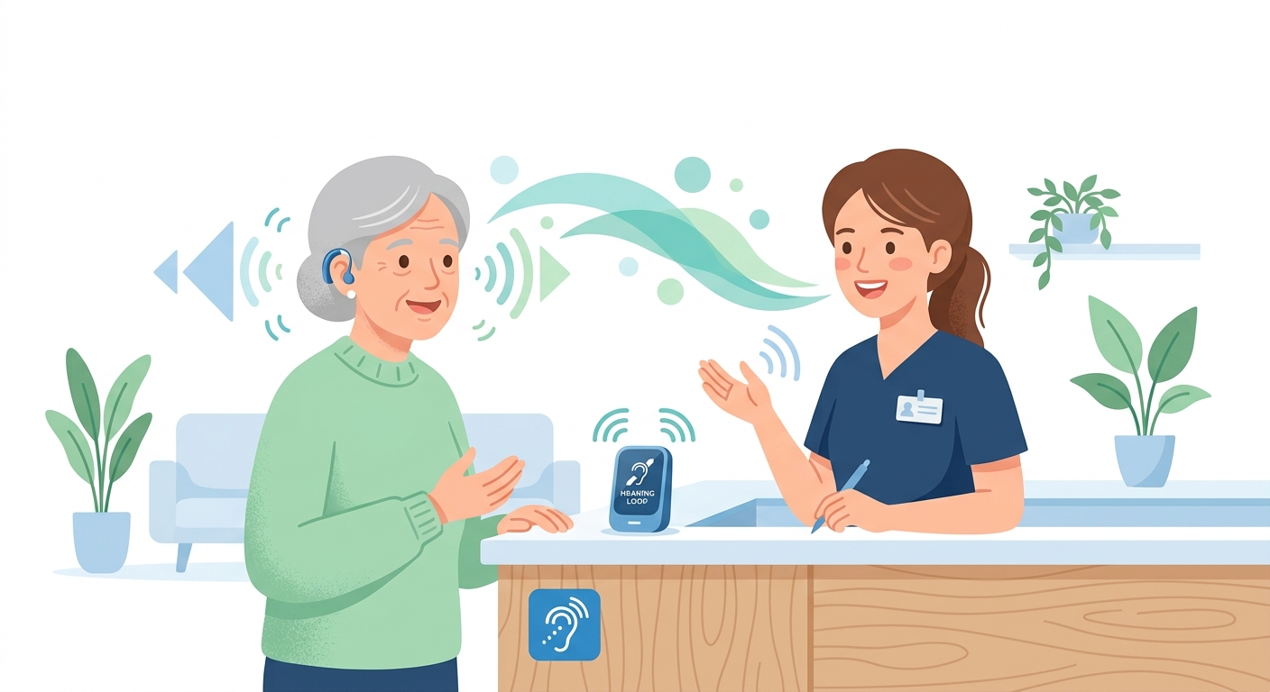 受付で聞こえを助ける設備を使って会話する高齢者とスタッフのイラスト