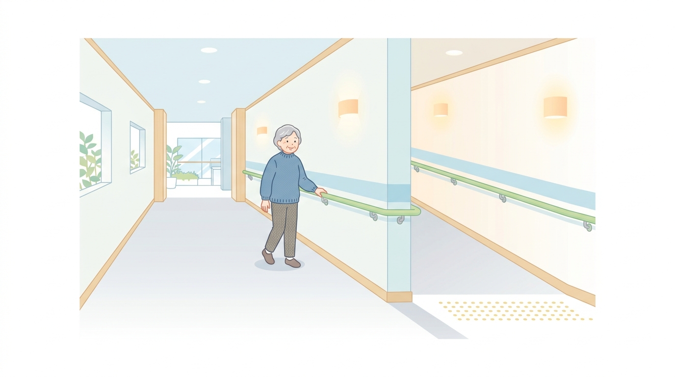 手すりやスロープ、段差のない明るい廊下を歩く高齢者のイラスト