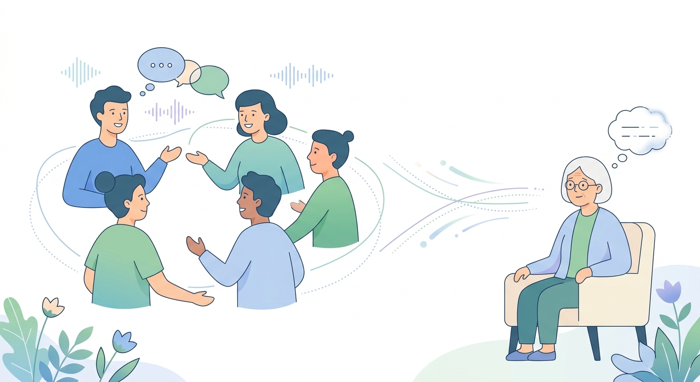 会話の輪に加わる高齢者と、人とのつながりを表すイラスト