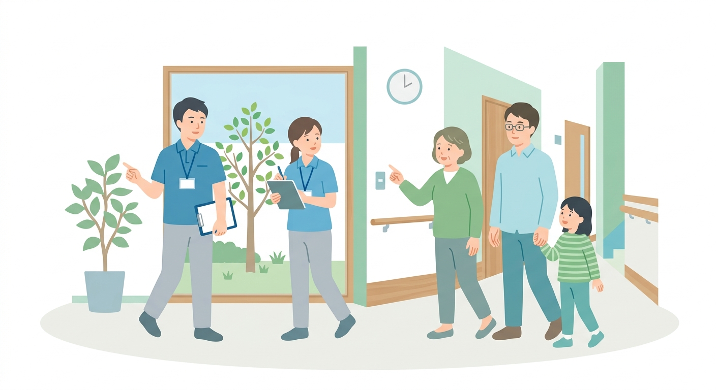 スタッフと家族が一緒に館内を歩いて点検しているワークショップのイラスト