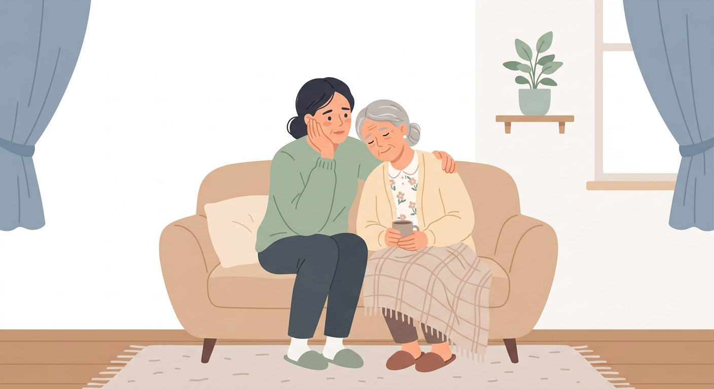高齢の家族に寄り添う介護者のイラスト