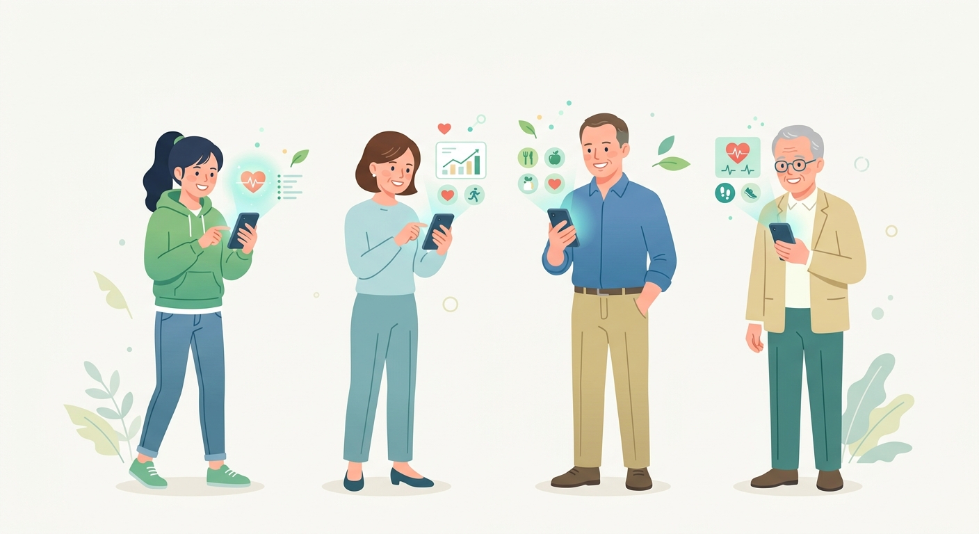 多世代がスマホで健康情報を受け取るイラスト