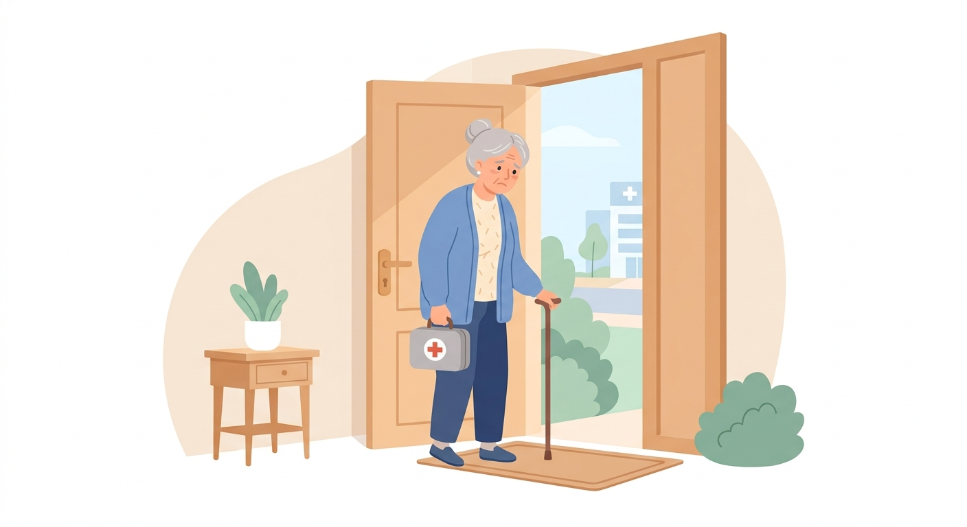 通院がつらく玄関先で不安そうにする高齢の方のイラスト