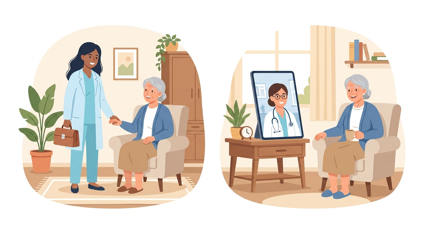 在宅往診とタブレットのビデオ診療という二つの仕組みを表すイラスト