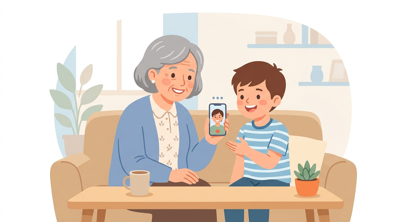 高齢の方と家族が一緒にスマートフォンでビデオ通話を練習する様子のイラスト