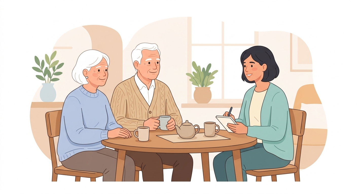 支援者が高齢のご夫婦の話をやさしく聞いている安心感のある様子のイラスト