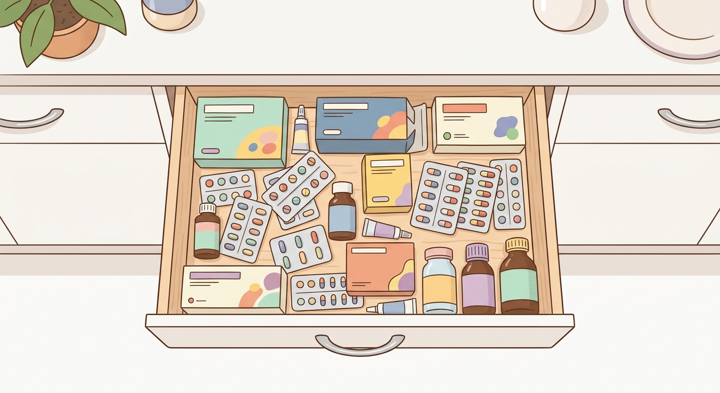 引き出しにたまった飲み残しの薬のイラスト
