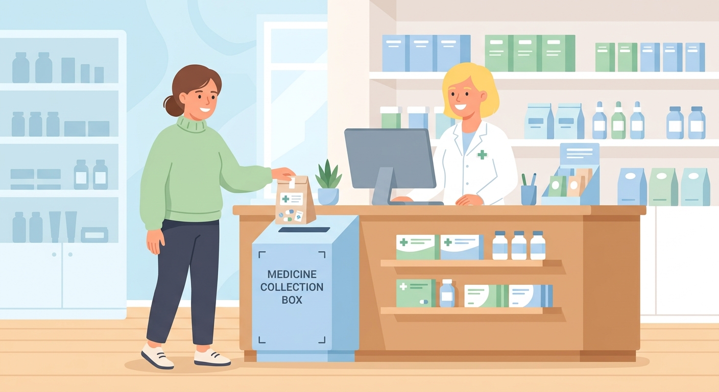 薬局の回収ボックスにお薬を持ち込む人のイラスト