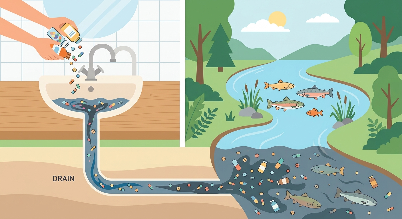 流しに流された薬が川や魚に届く様子を示すイラスト