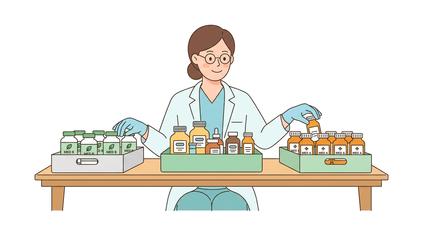 薬剤師がお薬を2つに仕分けしているイラスト