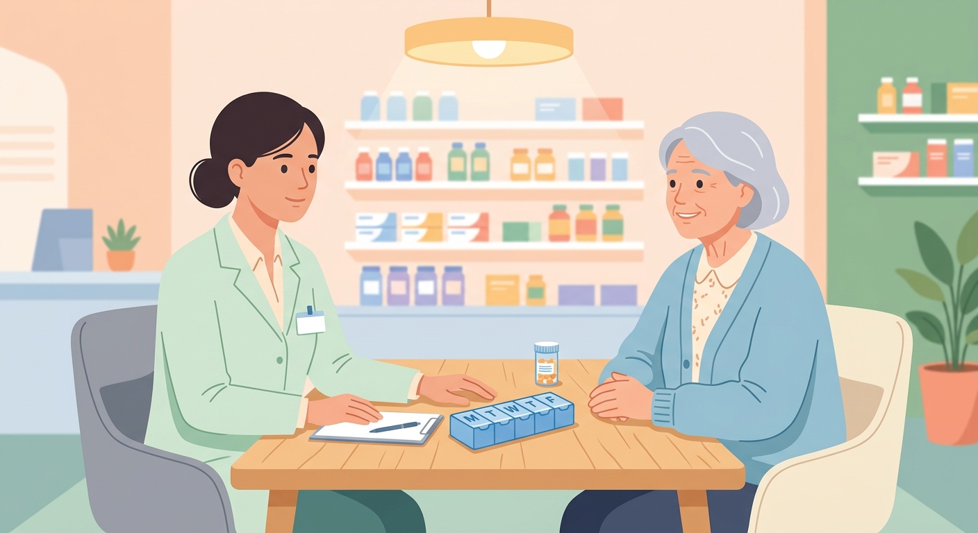 薬剤師と高齢者がお薬の相談をしている穏やかなイラスト