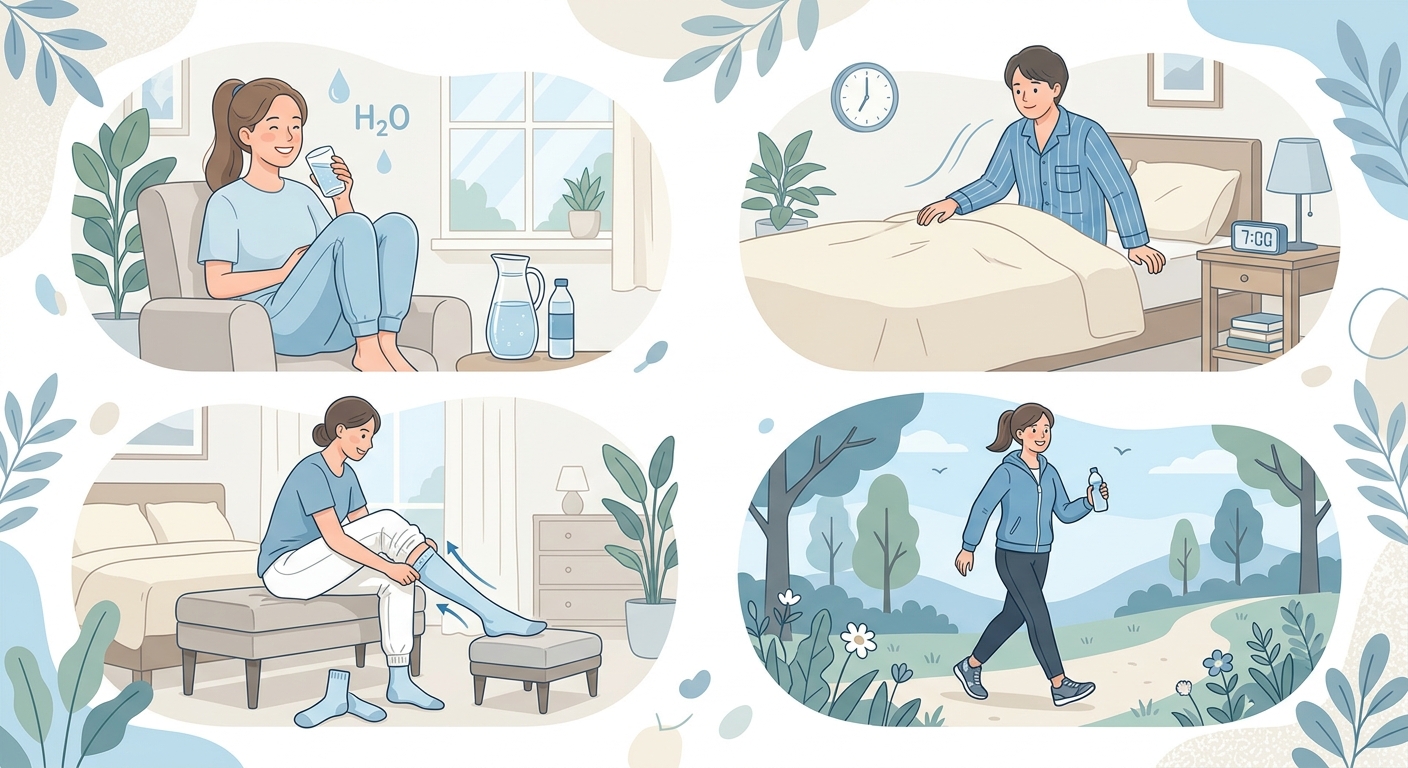 水分補給・ゆっくり起き上がる・弾性ストッキングなど日常の工夫を示すイラスト