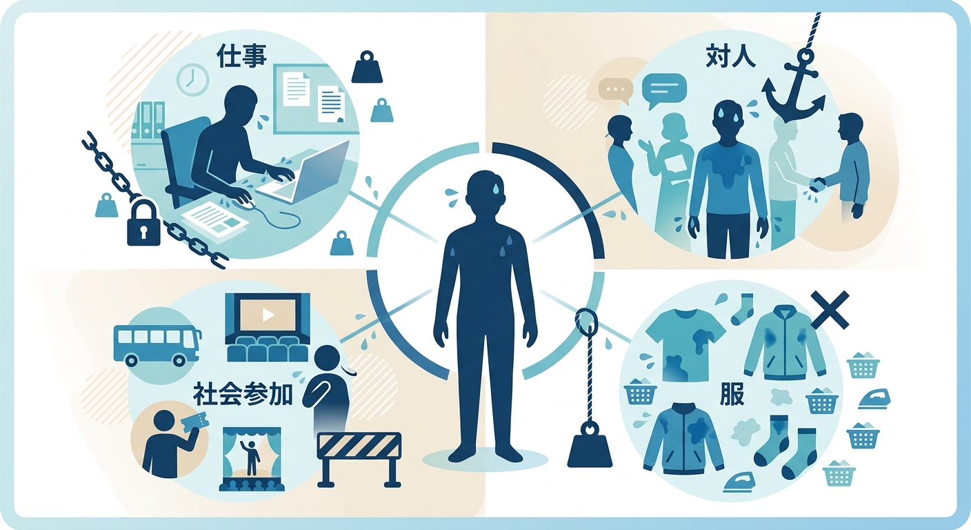多汗症が生活の質（QOL）に与える影響の多角的な図解