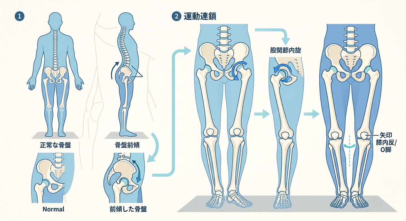骨盤前傾から股関節内旋、O脚形成までの運動連鎖の模式図