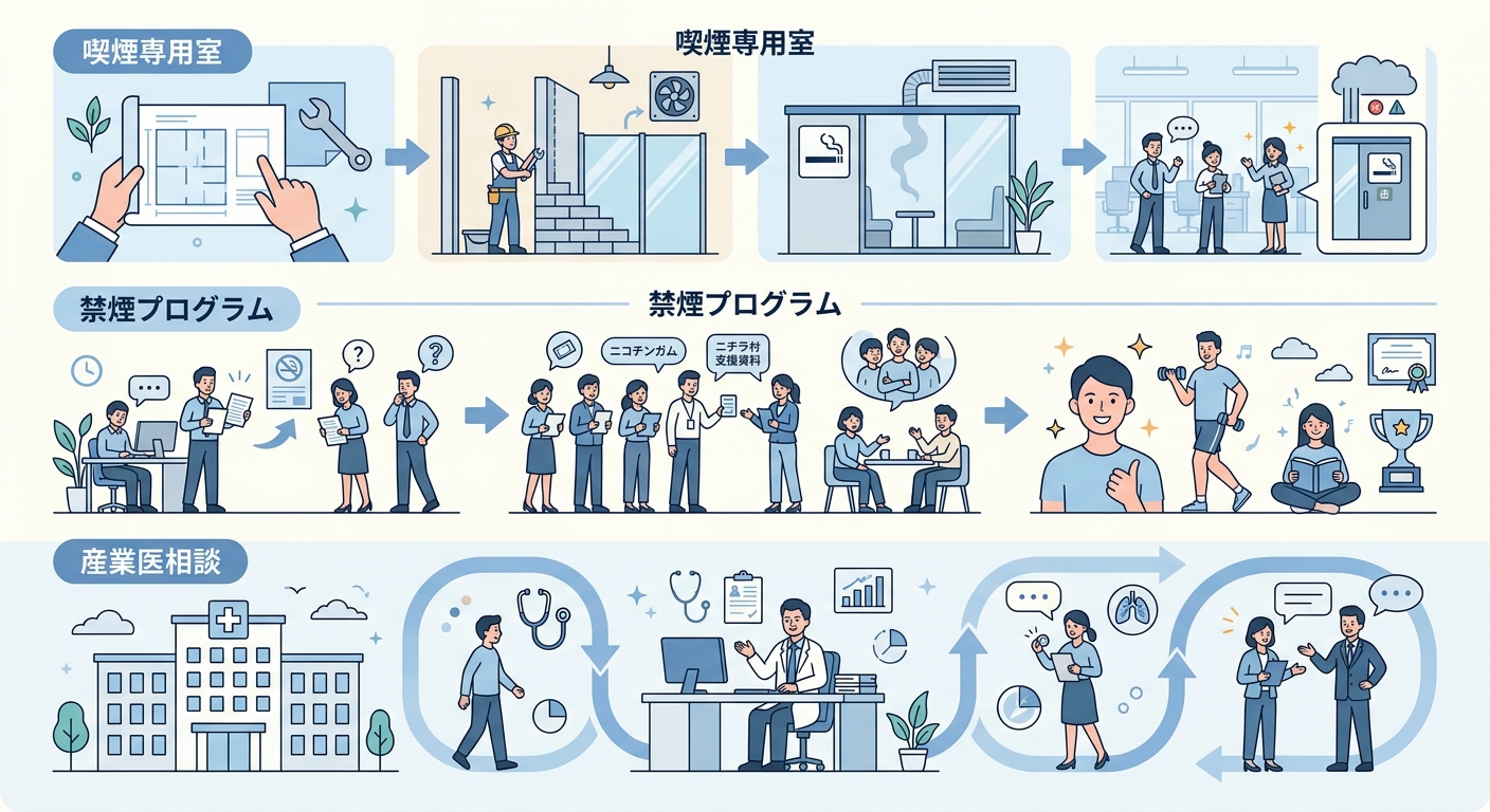 企業の受動喫煙対策ステップと専門家への相談タイミングを示す整理図