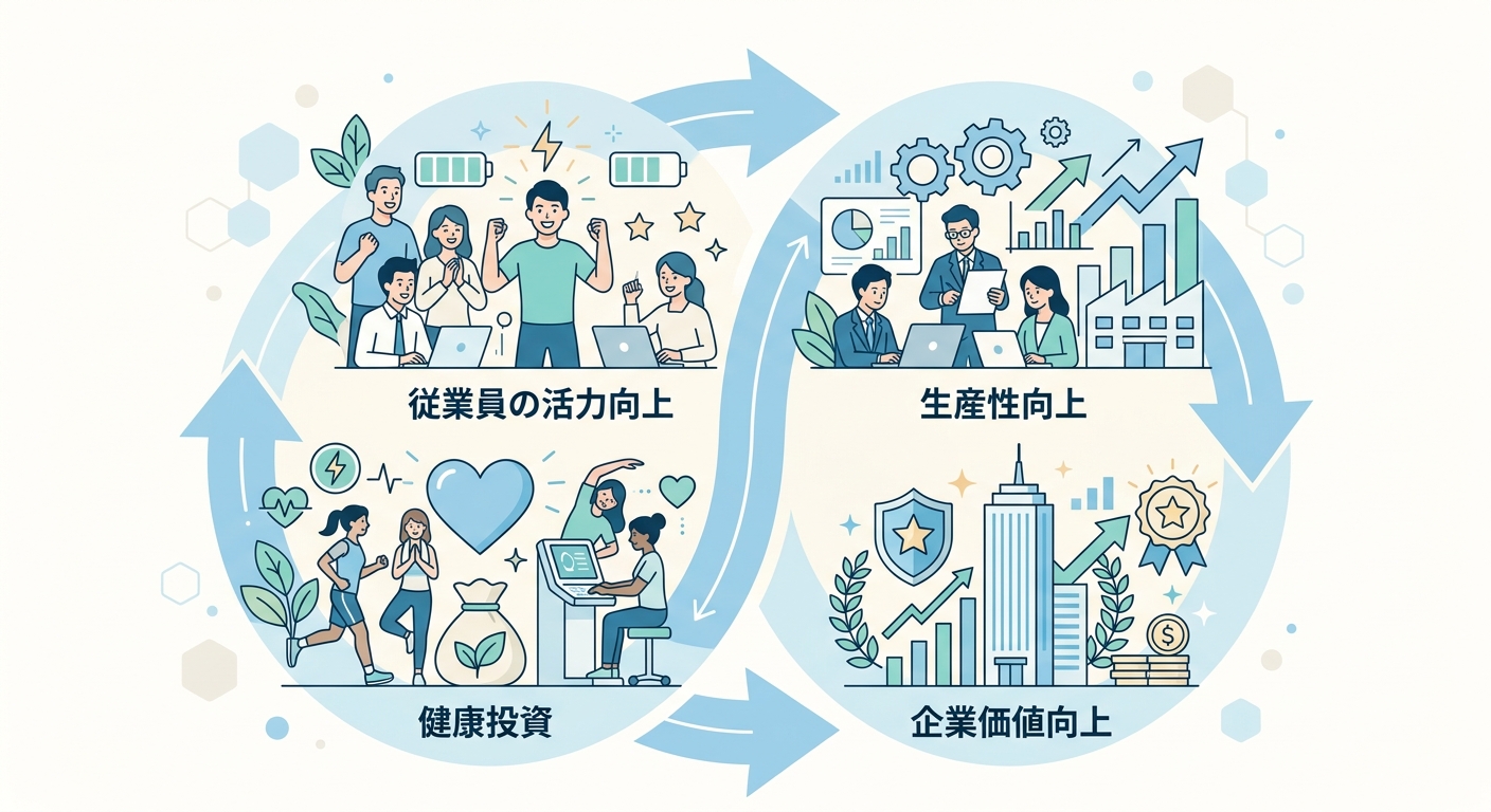 健康経営の全体概念図。健康投資から従業員の活力向上・生産性向上・企業価値向上へとつながるサイクルを示す図解