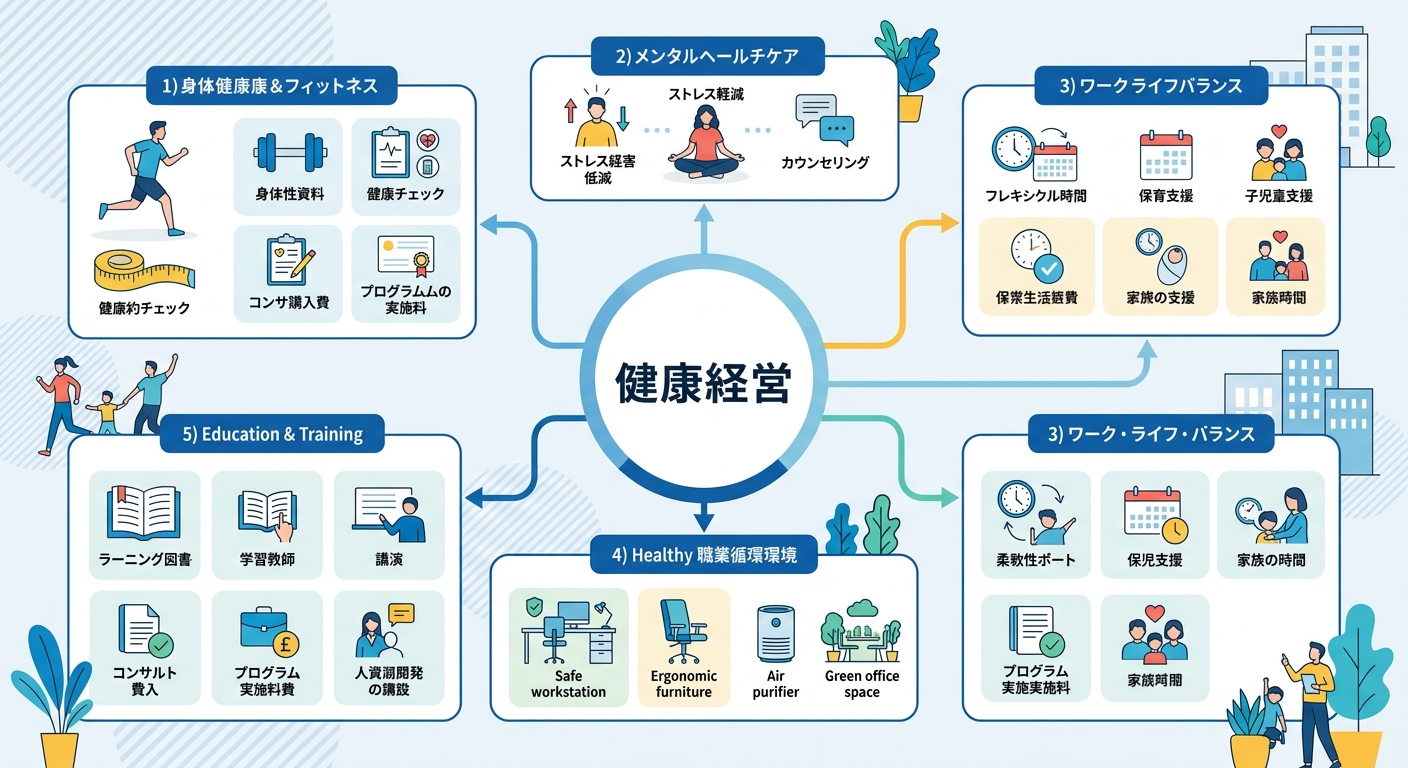 健康経営に活用できる主要助成金・補助金の全体マップ。厚生労働省系と環境整備系に分類した図解