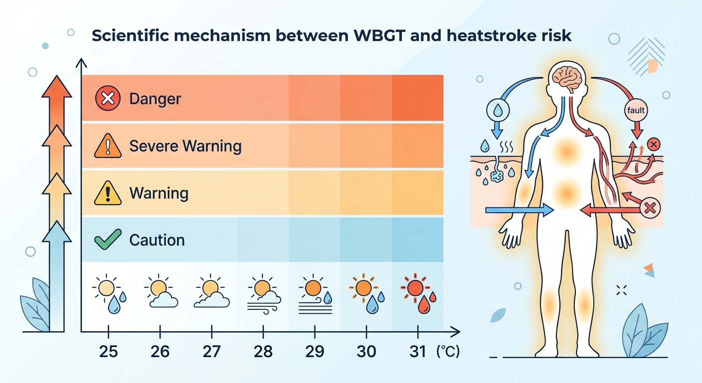 WBGTと熱中症リスクの4段階管理の仕組みを示す図解