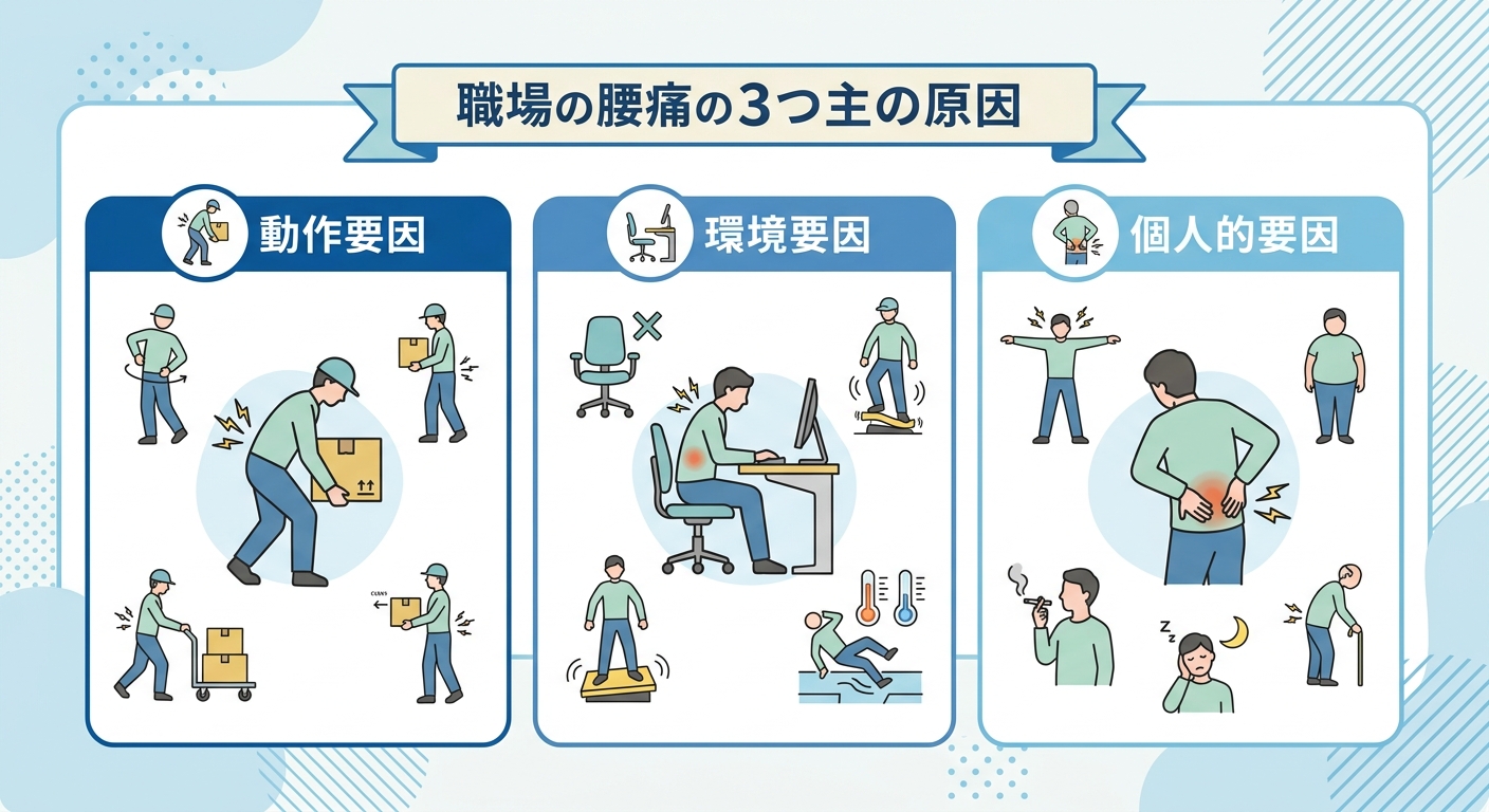 職場腰痛の3大発生要因（動作要因・環境要因・個人的要因）を示す分類図