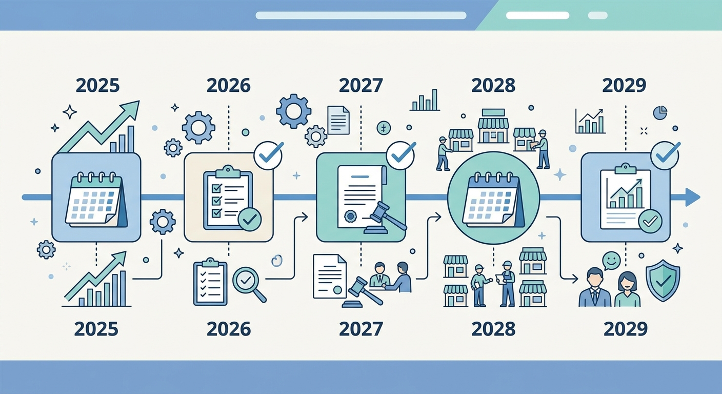 ストレスチェック義務化スケジュールのタイムライン図解、2025年公布から2029年完了期限まで