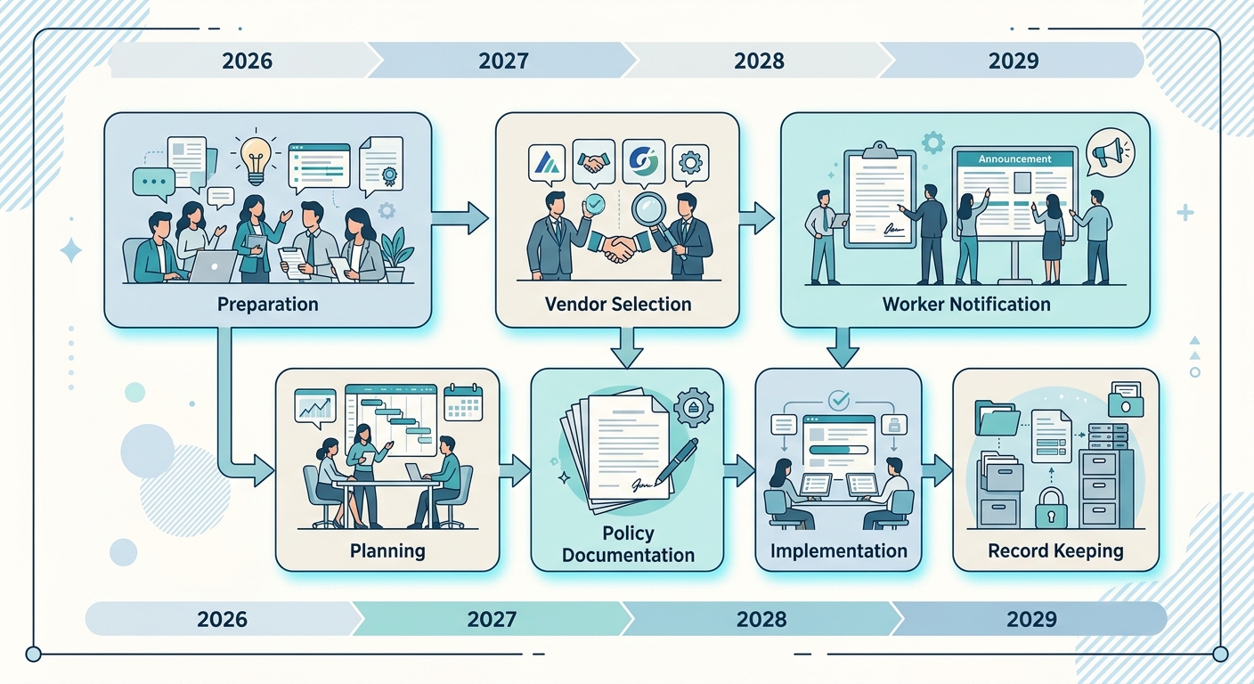 ストレスチェック実施の7ステップフロー図解。2026年準備開始から2029年完了まで