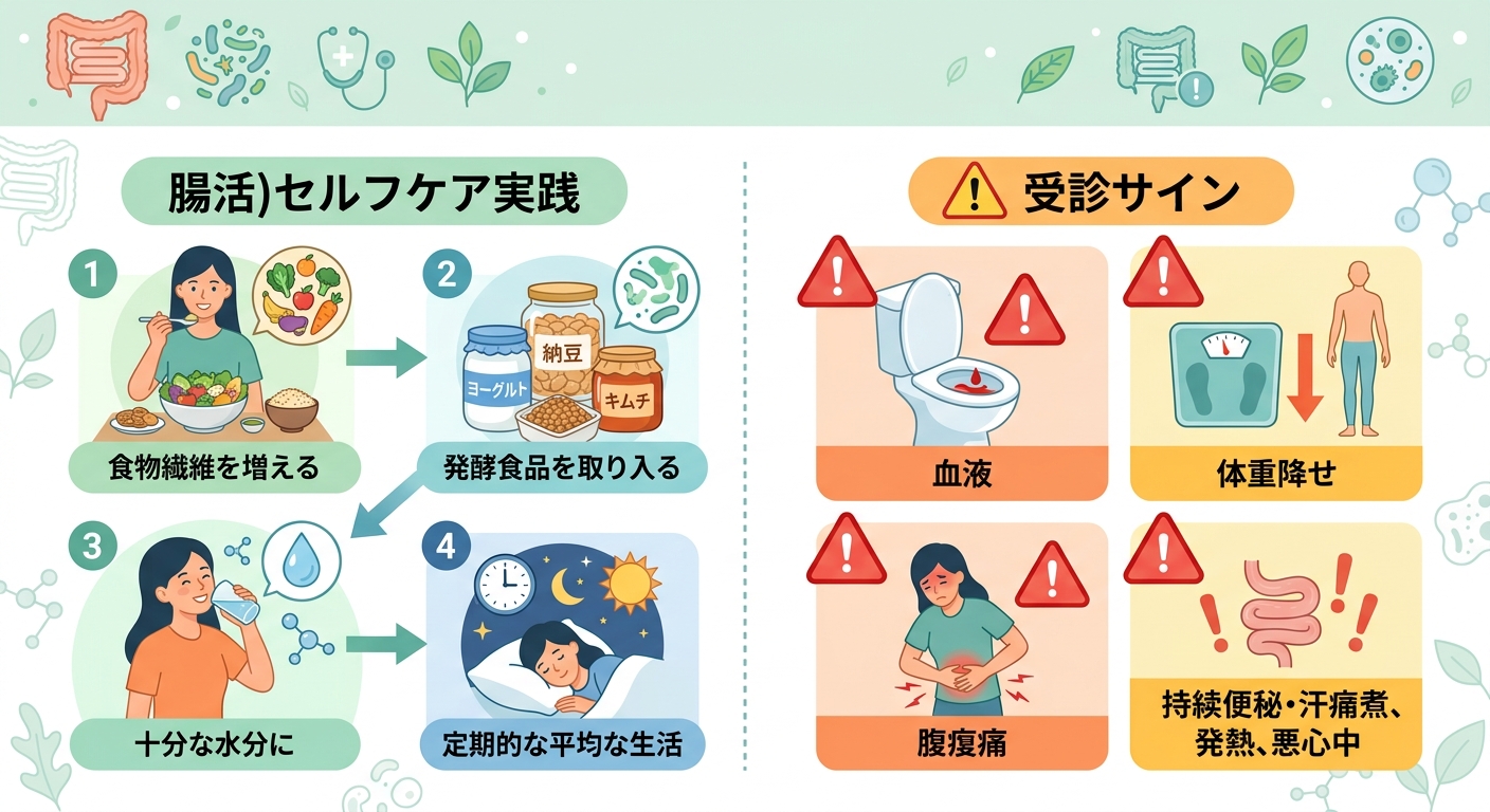 腸活セルフケアの実践手順と受診を検討すべき症状の一覧を示す整理図