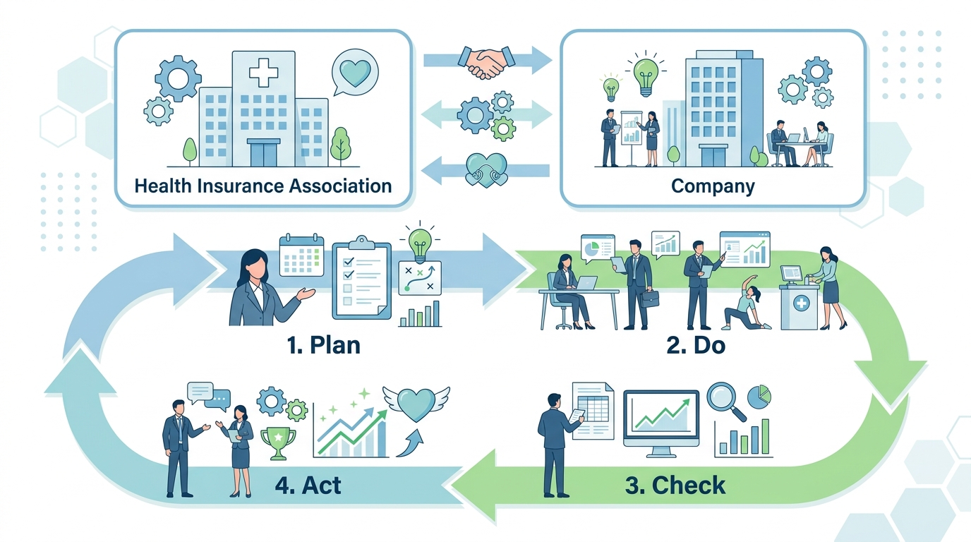データヘルス計画の全体像：健保組合と企業が連携してPDCAサイクルを回す図解