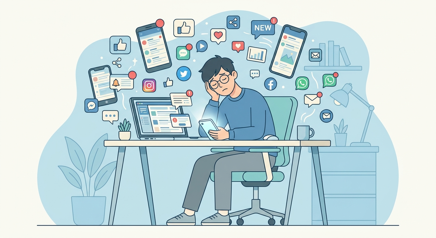 スマートフォンを朝から夜まで使い続け脳が疲れ気味の人のイラスト