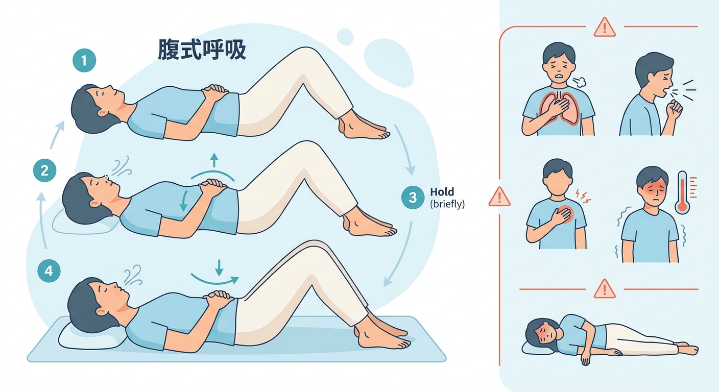 腹式呼吸の実践ステップと受診を検討したいサインの整理図