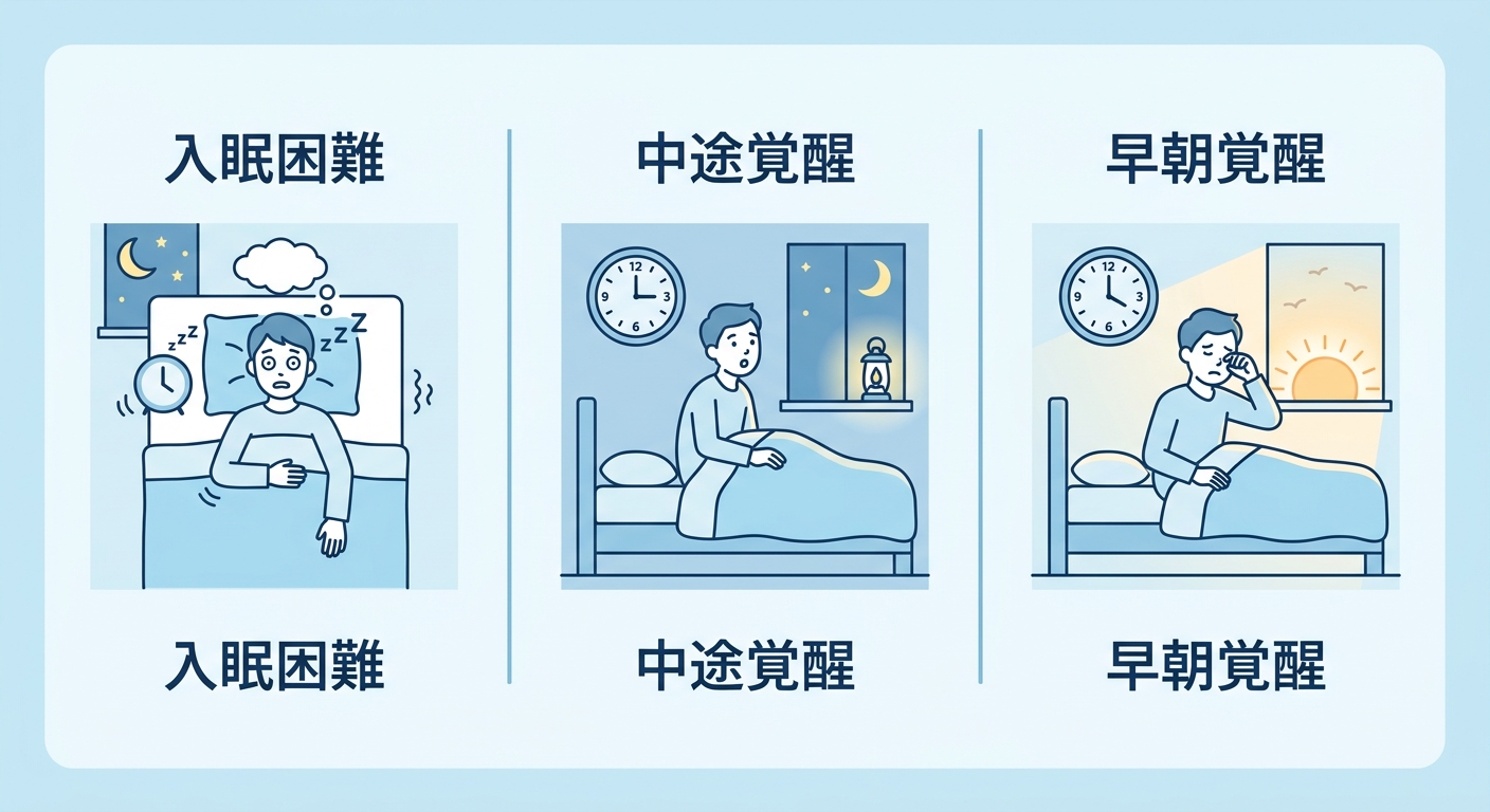 入眠困難・中途覚醒・早朝覚醒の3タイプを示した図解