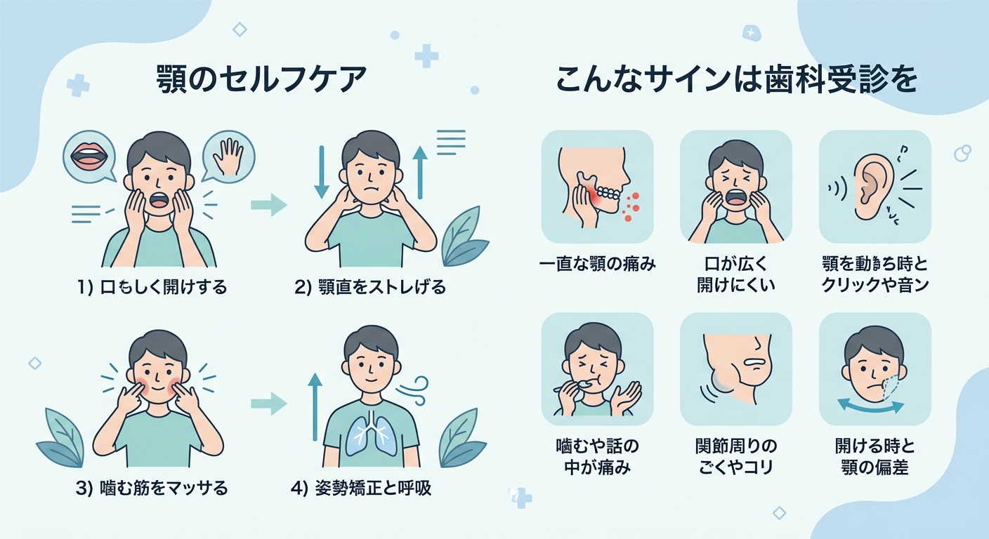顎のセルフケアの手順と受診サインの整理図
