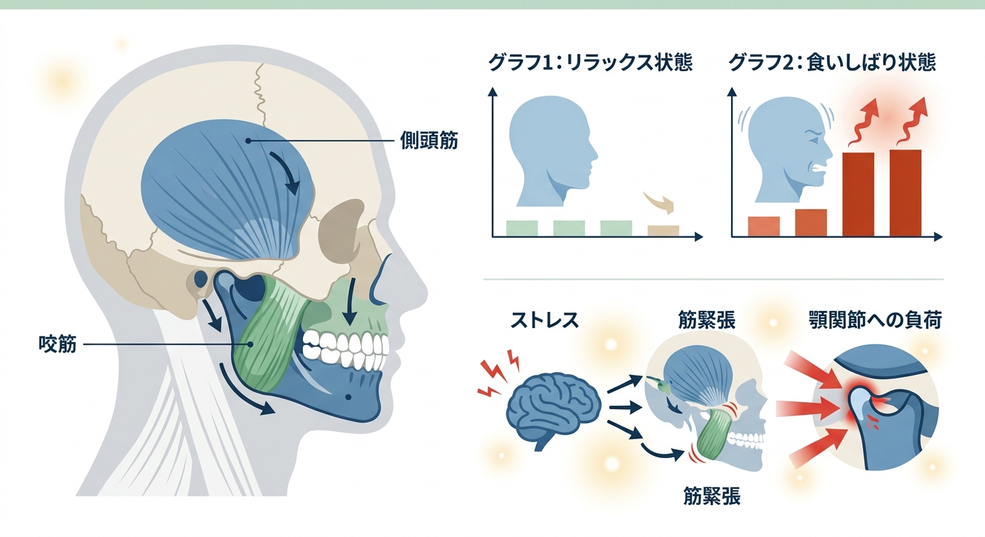 食いしばりと顎関節症のメカニズムを示す模式図。ストレス・緊張が咬筋・側頭筋を過緊張させ顎関節に負荷を与える流れを示す。