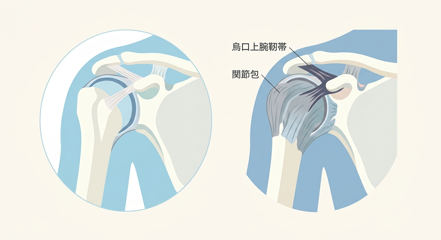 五十肩の病態メカニズム——関節包の線維化と烏口上腕靭帯肥厚の模式図（PMC5384535をもとに作図）