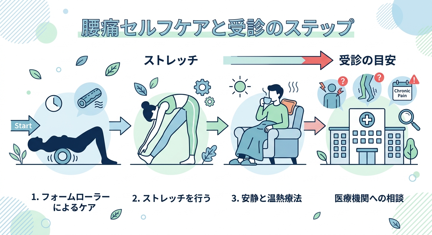 五十肩の3病期とそれぞれのセルフケア・受診の目安を示したフローチャート図解