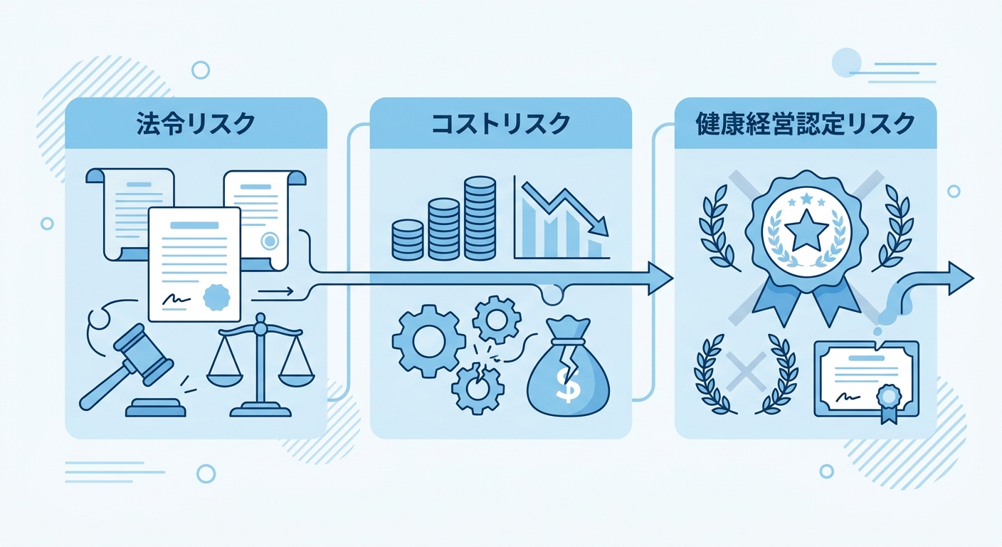 職場ハラスメントが企業に与える法的リスク・経済損失・健康経営認定への影響を示すフラットイラスト図解