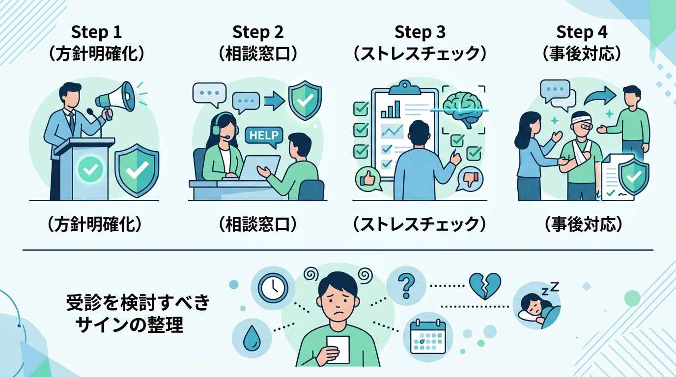 ハラスメント対策4ステップ（方針明確化・相談体制・ストレスチェック・事後対応）と受診を検討すべきサインの整理図