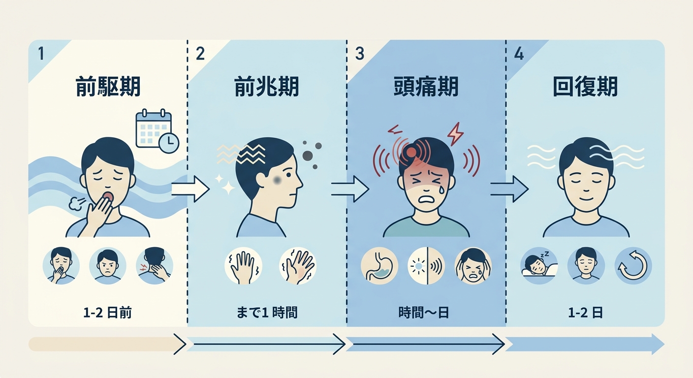 片頭痛の4つのフェーズ（前駆期・前兆期・頭痛期・回復期）の概要図